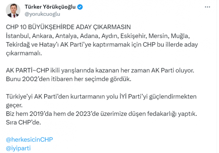 Yörükçüoğlu, 'CHP 10 Büyükşehirde Aday Çıkarmasın'